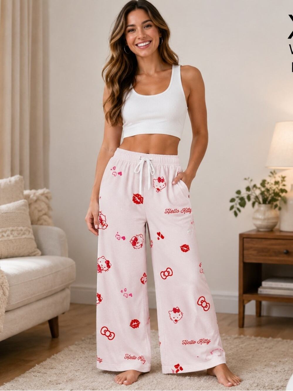 Hello Kitty Wide Leg Pajama Pants Women’s XXS Pink Lounge Sleep Pants NWT